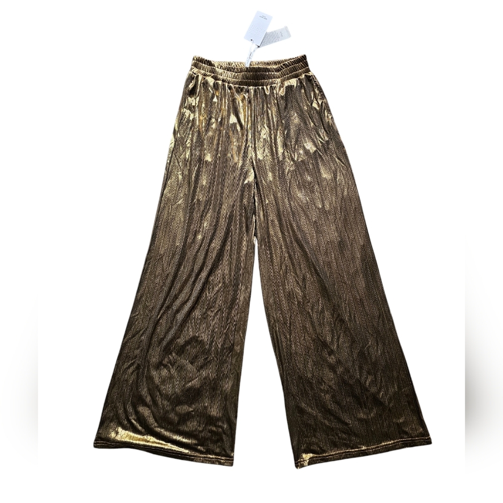 Grace Karin NWT golden shiny holiday fashion‎ wide leg pants size S